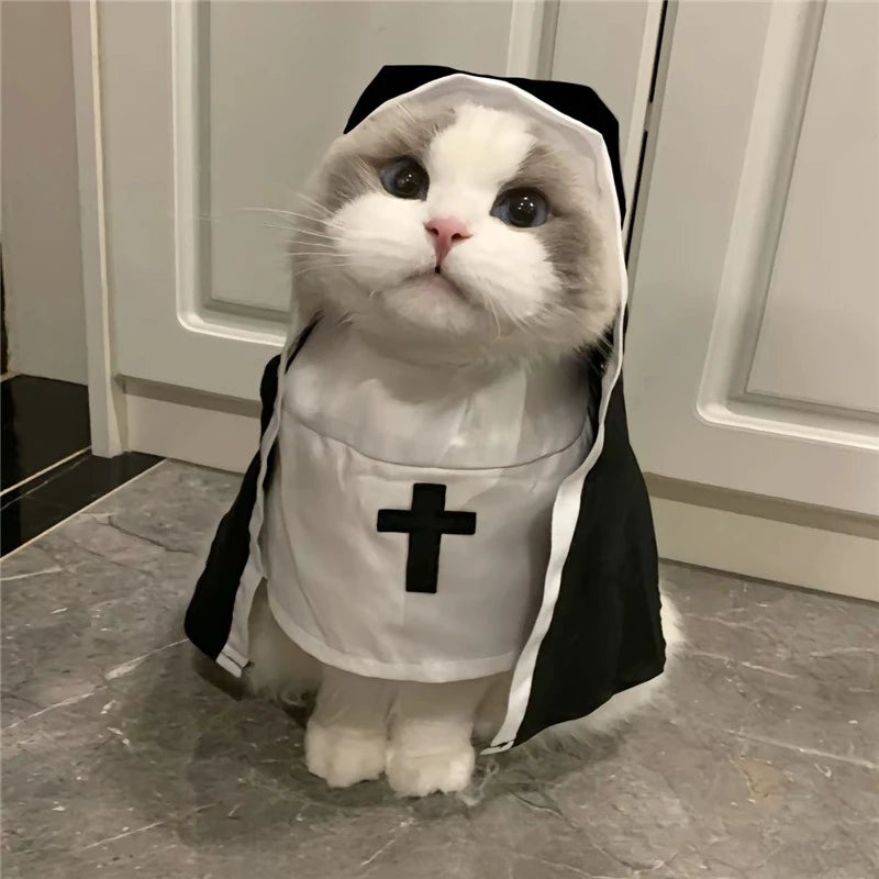 Halloween Cats Nun Costume Jesus Cross Print Kitty Clothes