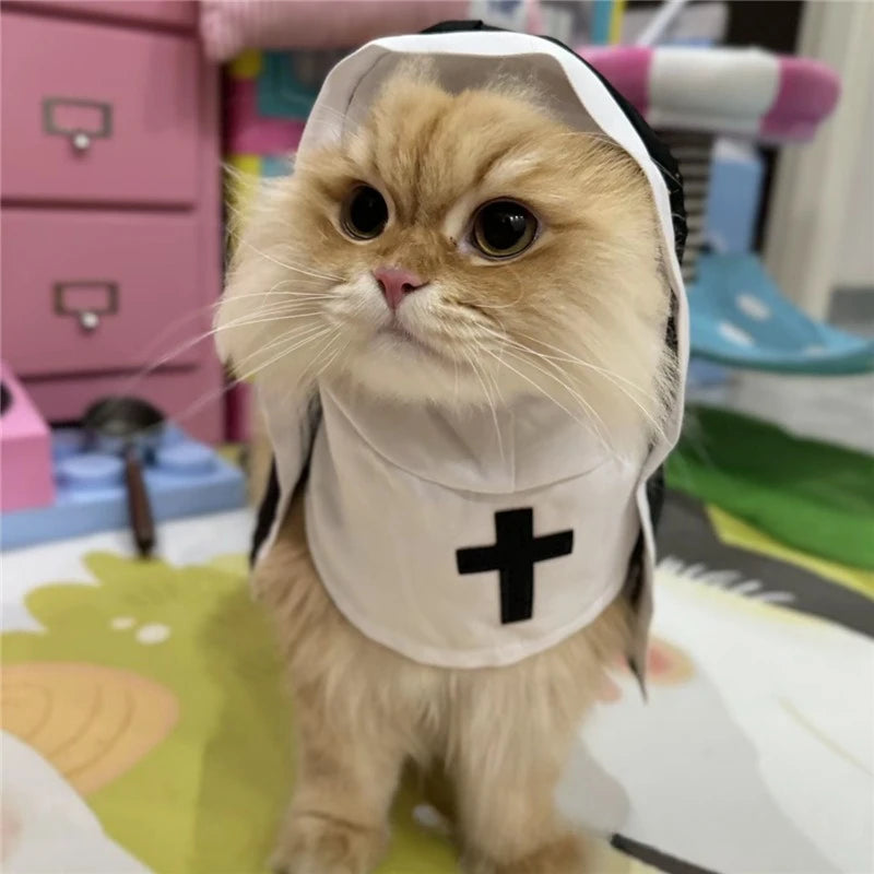 Halloween Cats Nun Costume Jesus Cross Print Kitty Clothes